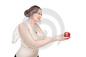 Beautiful plus size woman as angel suggest apple