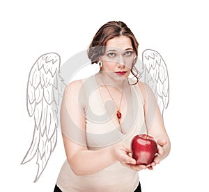 Beautiful plus size woman as angel suggest apple