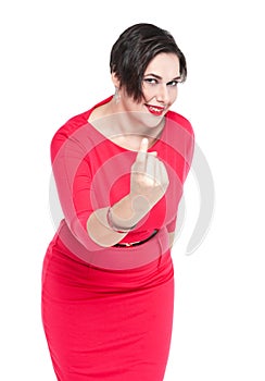 Beautiful plus size woman with beckoning gesture isolated