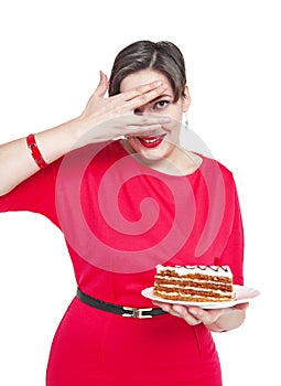 Beautiful plus size woman with cake isolated