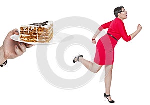 Beautiful plus size woman run away from cake isolated