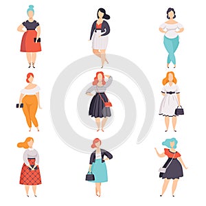 Beautiful plus size women in fashionable clothes set, curvy, overweigh girl pinup model vector Illustrations on a white