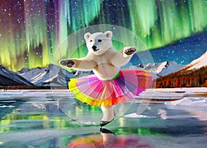 Beautiful polar bear girl skating under fantastic northern lights dancing across the sky