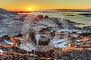 Beautiful Polar sunset, view from the hill to Nuuk fjord and new