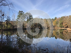 Beautiful Pond Lake and Trees Landscape on Autumn Day in Alabama USA