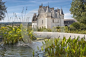 Beautiful pond in the middle of renaissance garden with chateau Amboise on the background. Loire valley, France.