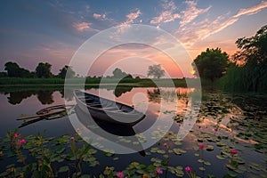 A beautiful pond sunset time and wooden boat fill with beautiful flowers, blue cloudy sky reflection in the water, some beautiful