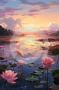beautiful pond with water lily and pink lotus flowers, lake at sunset