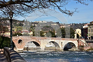 Beautiful Ponte Pietra (Stone Bridge) over Adige River in Verona