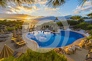 Beautiful pool in Cala Dor at sunset time, Palma Mallorca island, Spain