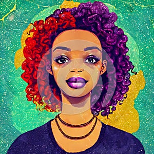 Beautiful Popart Dark Skin Woman Girl With Purple and Red Hair