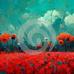 Beautiful poppy field and cloudy sky. Spring flower background, shallow depth of field. Field of wild flowers