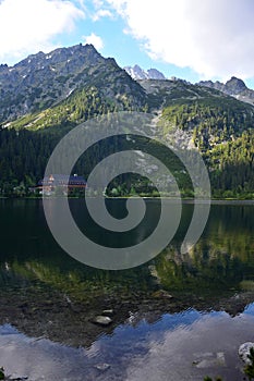 The beautiful lake Popradske pleso in the High Tatras in the evening sun