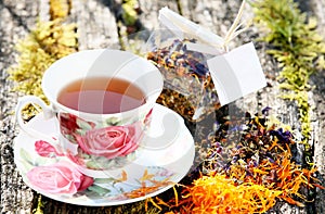 Beautiful porcelain cup of tea with tea