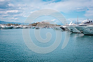 Beautiful port Vauban with a fortification and boats in Antibes, France