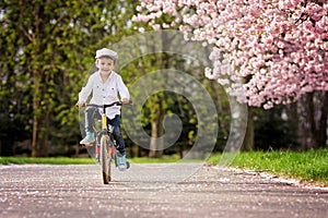 Beautiful portrait of adorable little caucasian boy, riding a bi