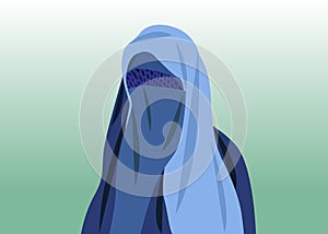 Beautiful portrait of arabic muslim woman closed face veil, blue Burka illustration isolated or green background