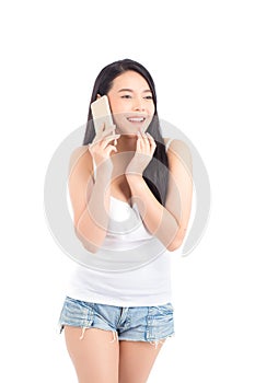 Beautiful of portrait asian young woman smile and happy talking calling with mobile phone isolated