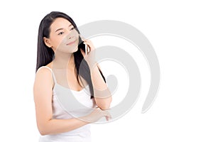 Beautiful of portrait asian young woman smile and happy talking calling with mobile phone