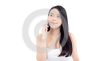 Beautiful of portrait asian young woman smile and happy talking calling with mobile phone.