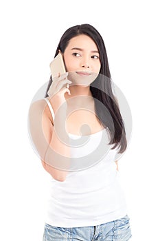 Beautiful of portrait asian young woman smile and happy talking calling with mobile phone isolated on white background