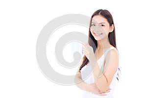 Beautiful portrait asian young woman smiling and drinking water