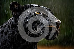 Beautiful portrait of a black panther (black jaguar) in the rain. Amazing Wildlife. Generative Ai