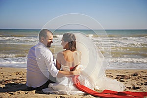 Beautiful portrait of bride with groom, wedding outdoor