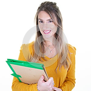 Beautiful portrait business woman smiling on white background