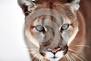 Beautiful Portrait of a Canadian Cougar. mountain lion, puma, panther, Winter scene in the woods. wildlife America