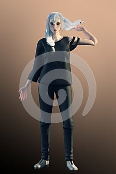 Beautiful portrait of a Cute Girl. Black Background. Warm light. Steel armor, Realistic 3d render model with blue hair