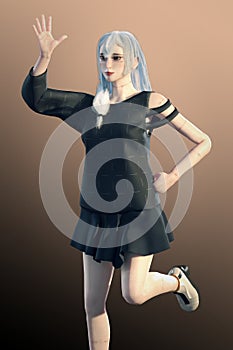 Beautiful portrait of a Cute Girl. Black Background. Warm light. Steel armor, Realistic 3d render model with blue hair