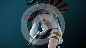 Beautiful portrait of a Cute Girl. Gradien Background. Warm light. Steel armor, Realistic 3d render model with blue hair