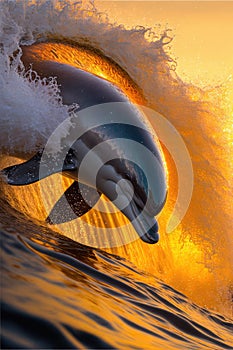 Beautiful portrait of a dolphin jumping from water at the sunset time. Yellow and black tones. Golden moment. Generative AI