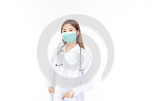 Beautiful portrait friendly asian female doctor or nurse in medical mask at medical clinic on white background. Mask to prevent