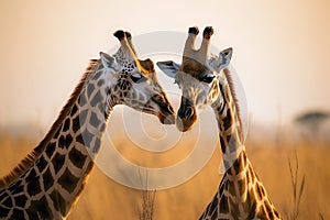 Beautiful portrait of a giraffe couple in love in the African savanna at sunset. Amazing African wildlife. Generative Ai