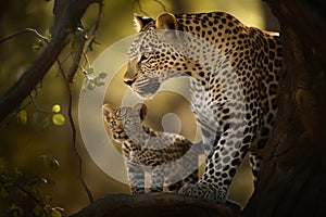 Beautiful portrait of a Leopard with her cub in natural habitat. Amazing African Wildlife. Generative Ai