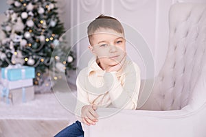 Beautiful portrait. Little boy. Christmas interior. Horizontally