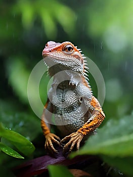 Beautiful portrait of lizard in the rain