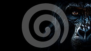 Beautiful portrait male gorilla, black background with copy space. Generative AI