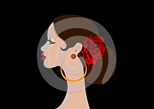 Beautiful portrait Spanish Latin woman, hairstyles for flamenco girl with big chignon wearing red rose flower and earrings, vector photo