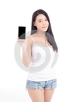 Beautiful of portrait woman with smile and happy showing smart mobile phone isolated on white background