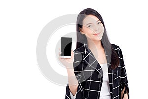 Beautiful of portrait woman with smile and happy showing smart mobile phone  on white background