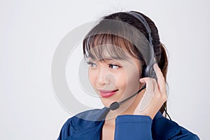 Beautiful portrait young asian business woman customer service job call center in headset isolated on white background