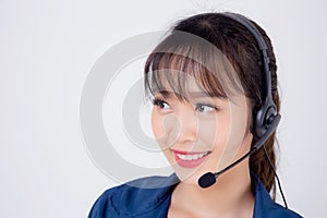 Beautiful portrait young asian business woman customer service job call center in headset isolated on white background