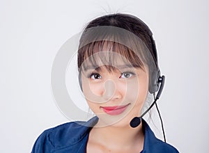 Beautiful portrait young asian business woman customer service job call center in headset isolated on white background