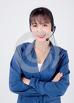 Beautiful portrait young asian business woman customer service job call center in headset isolated on white background