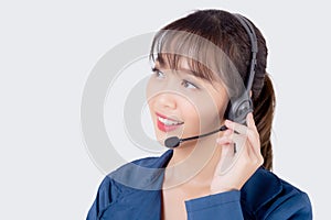 Beautiful portrait young asian business woman customer service job call center in headset isolated on white background