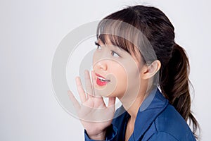 Beautiful portrait young asian business woman shout speaking loud isolated on white background