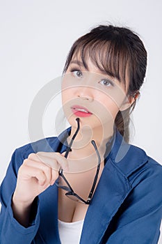 Beautiful portrait young asian business woman wearing glasses expression thinking isolated on white background